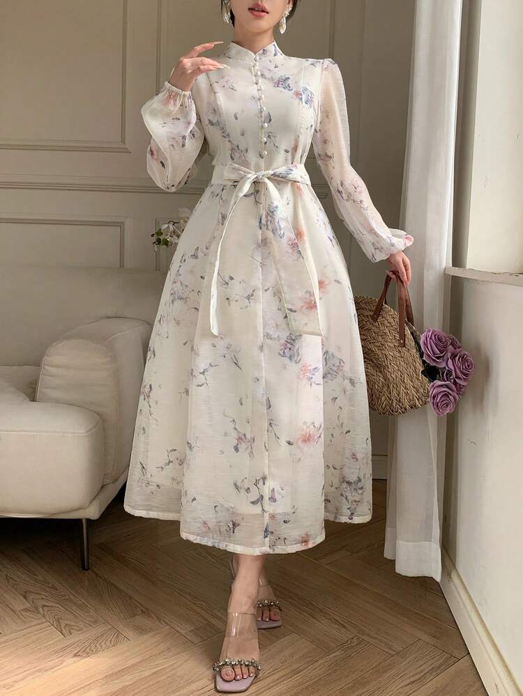 Women's Elegant Floral Print Stand Collar Belted Mid-Length Dress, Spring/Summer,Wedding Guest Dress Women Sundress