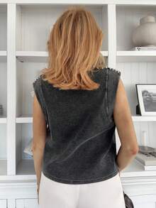 Easowa Women's Charcoal Gray 100% Cotton Tank Top,Fashionable Rivet Detail Washed Loose Round Neck Sleeveless T-Shirt,Casual Summer Occasion Chic Crop Tops - Black - View 2