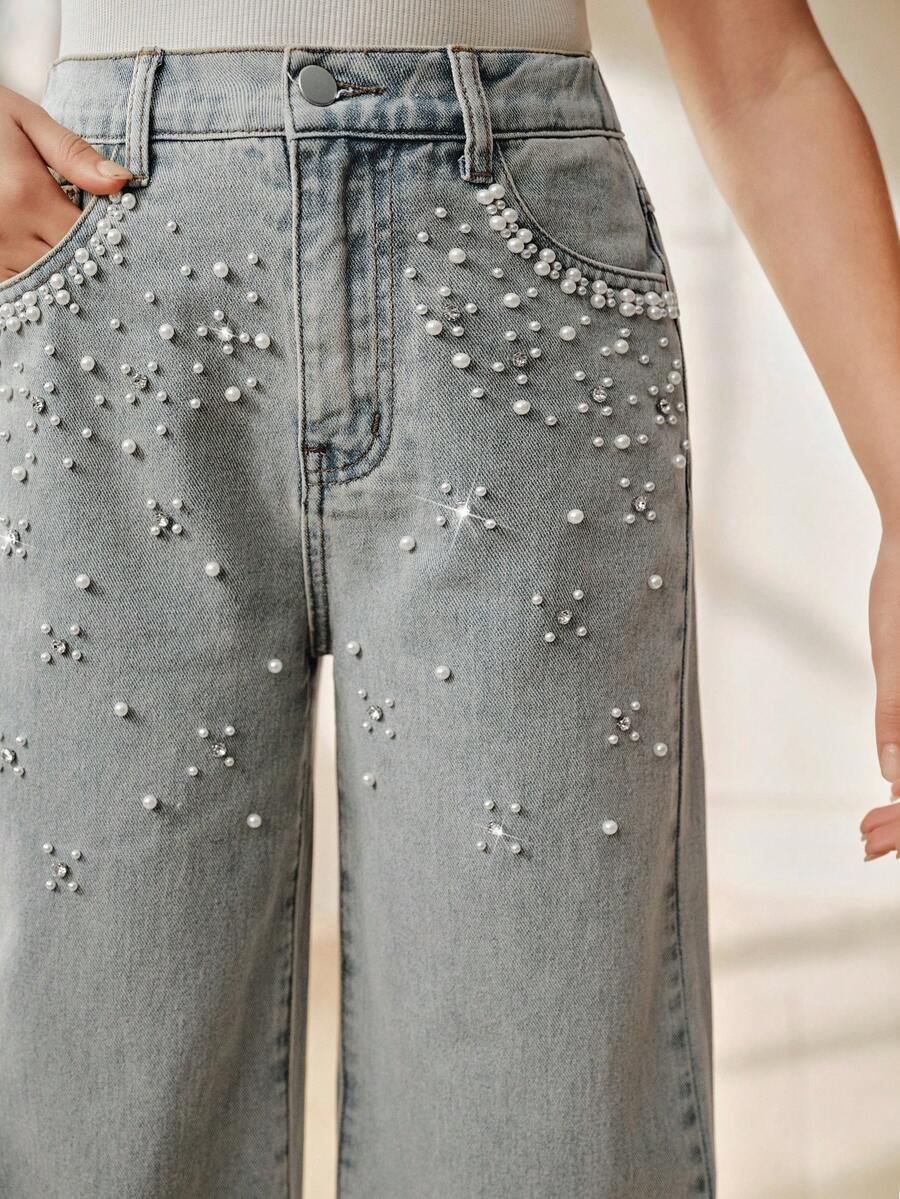 Anewsta Girls' Fashionable Glittery Diamond & Pearl Embellished White & Blue Straight Leg Jeans, Spring/Summer - Blue - View 1