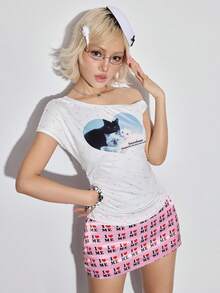 ROMWE Kawaii Cute Cat & Polka Dot Print Asymmetrical Shoulder Twist Sleeve T-Shirt, Suitable For Summer Beach, Graduation Ceremony, Music Festival, Concert, Date, Vacation And Other Occasions - White - View 4