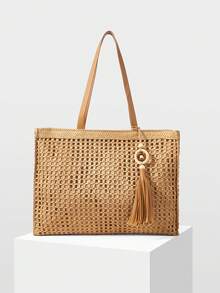 MOTF WOMEN'S TOTE BAG, STYLISH WOVEN HOLLOW SHOULDER BAG - Light brown - View 3