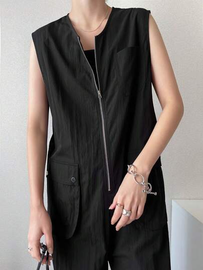 FRIFUL Women's Sleeveless Jumpsuit With Metal Zipper Decor