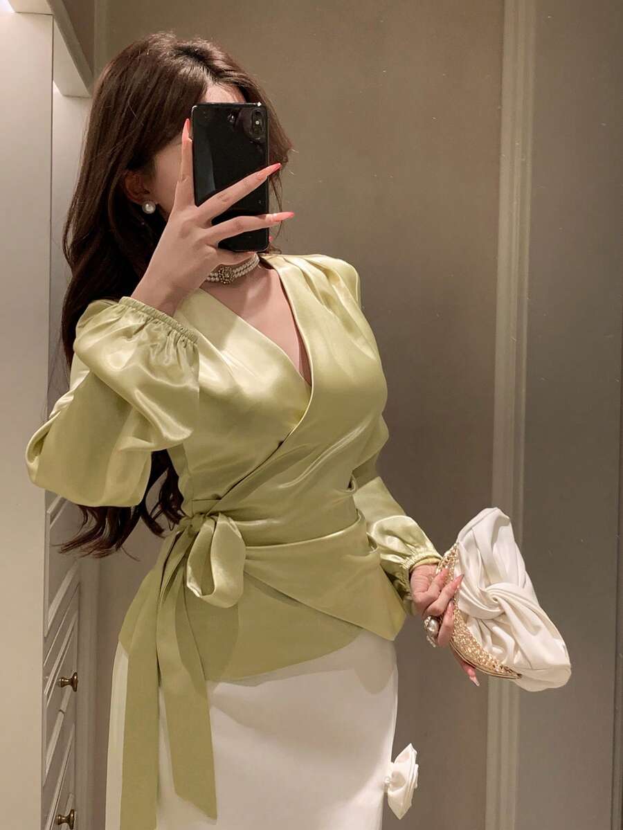 DAZY Women's Elegant Solid Color V-Neck Tie Blouse, Spring/Summer - Yellow - View 1
