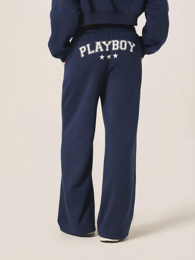 Missguided x Playboy 와이드 레그 조거 캐주얼 스웨트팬츠 텍스트 로고 프린트 엘라스틱 허리 밴드 릴렉스 핏 라운지웨어 편안한 팬츠