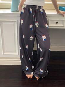 DAZY Cartoon Bear All-Over Print Loose Women's Pajama Bottoms - Black - View 6