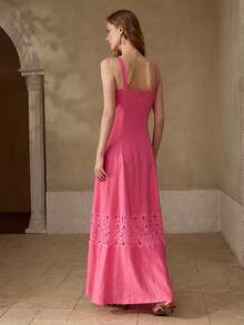 MOTF PREMIUM WOMEN'S 100% LINEN LACE PATCHWORK LONG DRESS, CASUAL & DATE WEAR, SPRING/SUMMER - Hot Pink - View 3