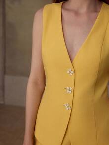 MOTF PREMIUM 女士亚麻混纺休闲约会马甲 - 黃色 - 查看 2