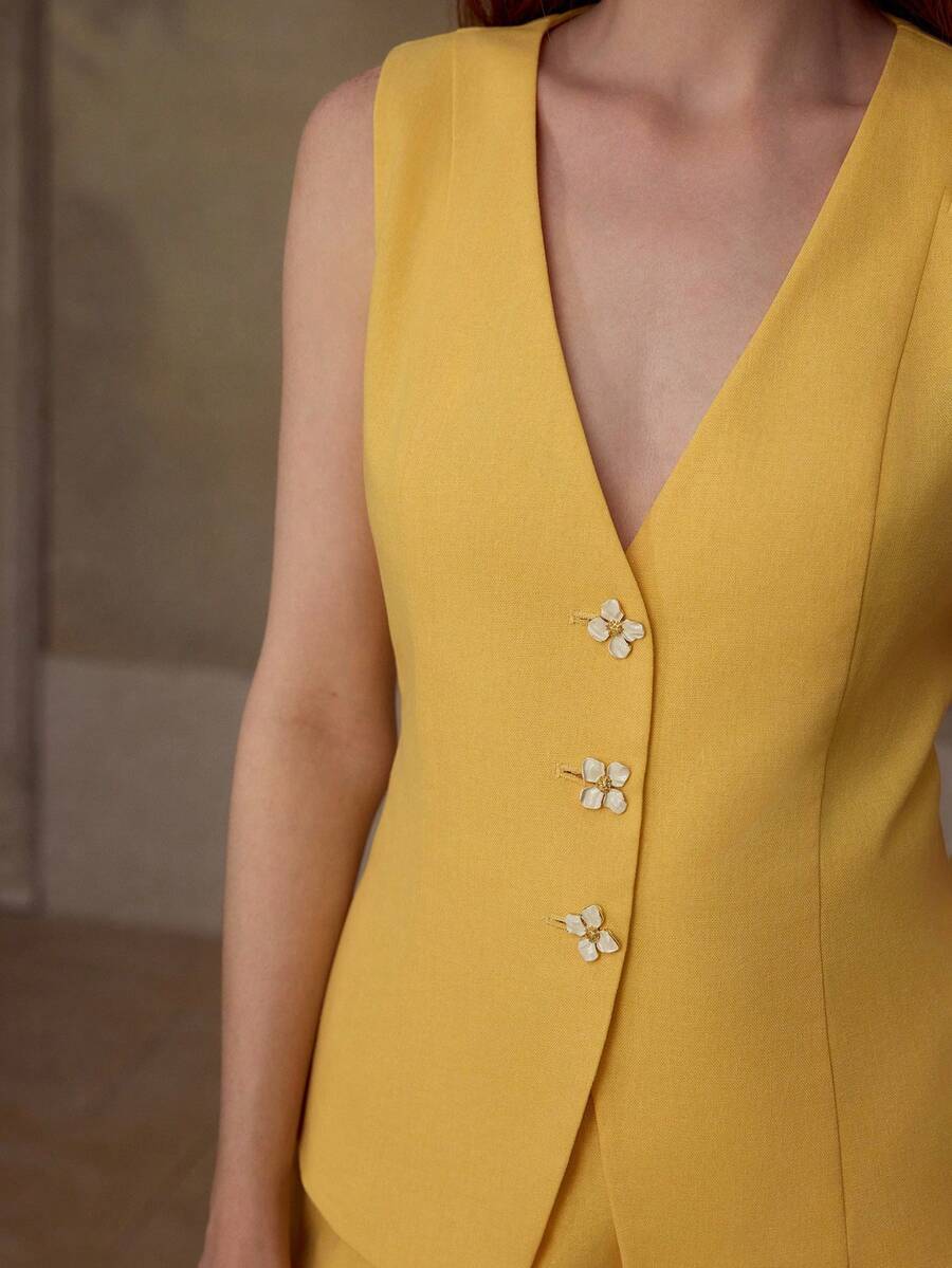 MOTF PREMIUM 女士亚麻混纺休闲约会马甲 - 黃色 - 查看 2