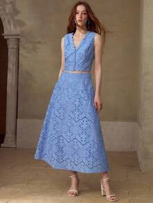 MOTF PREMIUM 女士镂空刺绣背心和半裙两件套，春夏款 - 藍色 - 查看 4