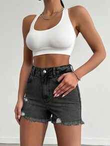 EURMUSE 100%Cotton Mini Heavy Destroy Short With Back Label Detail - Dark Grey - View 6