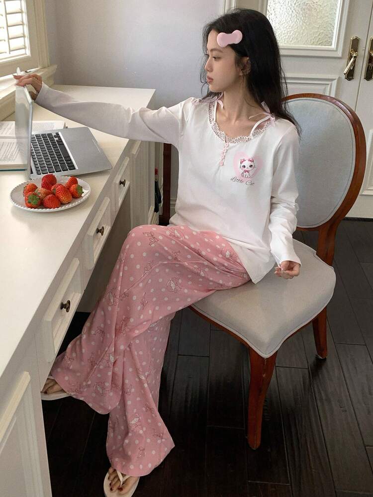 2pcs Women Cute Cat Print Lace Patchwork Long Sleeve Top And Loose Pants Pajama Set, Spring
