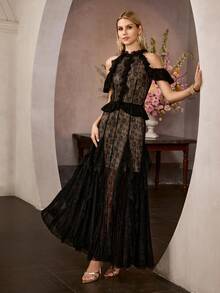 MOTF Soiréza 女士浪漫优雅蕾丝荷叶边连衣裙，适合婚礼季、春夏穿着 - 黑色 - 查看 6