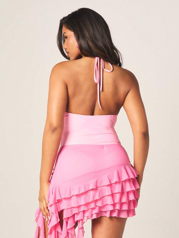 MISSGUIDED Women's Pink Halter Neck Ruffle Detail Backless Bodysuit With Tiered Asymmetrical Hem Party Evening Outfit
