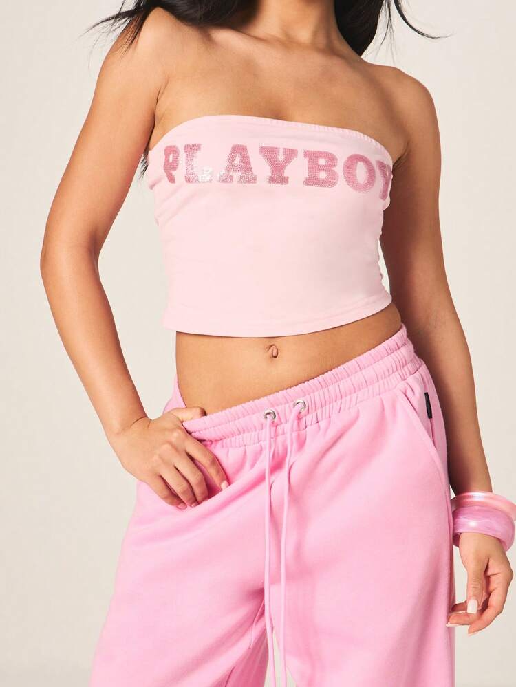 Missguided x Playboy Top court bandeau avec graphique pailleté, top tube sans bretelles avec ornements scintillants, style de rue pour festival d'été, soirée et club