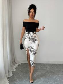 Elenzga Đầm midi nữ in hoa, trễ vai, xẻ tà. - Nhiều màu - Xem 5