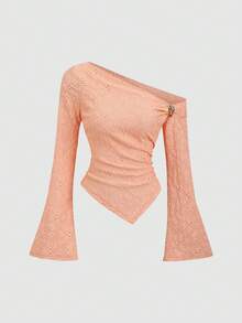 Sweetra Sexy Asymmetric Hem Textured Fabric Casual Blouse - Orange - View 3
