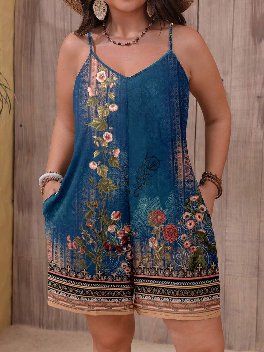 EMERY ROSE 大码女式夏季休闲碎花宽松连体裤，带侧口袋 - 彩色 - 查看 1