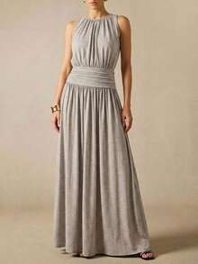 Avantive Damska sukienka plisowana, elegancka, bez rękawów, z okrągłym dekoltem i jednolitym kolorem - Szary - Zobacz 6