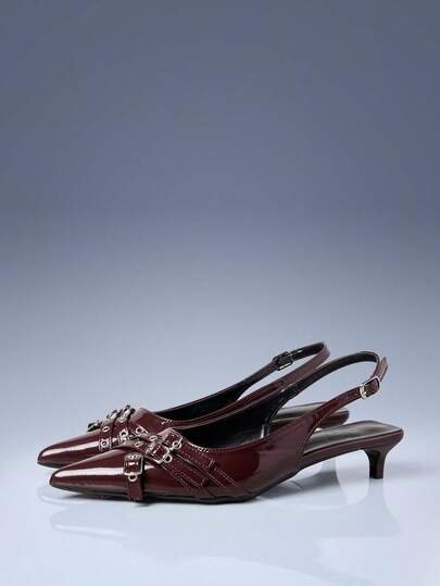 CUCCOO GRLICON Zapatos de mujer de tacón de gatito con diseño de múltiples correas, de punta afilada y cuero patentado burdeos, estilo de los años 2000, moda Y2K, adecuados para primavera/verano, temporada de vacaciones