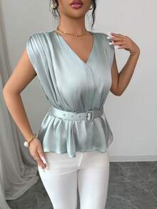 Modelyn 女士优雅通勤纯色褶皱无袖衬衫，配腰带 - 藍色 - 查看 4