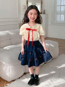 DAZY Young Girls Turndown Collar Solid Color Short Sleeve Shirt Summer - Yellow - View 2