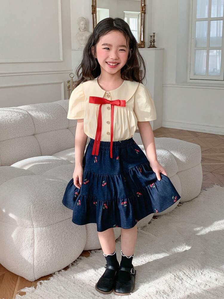 Young Girls Turndown Collar Solid Color Short Sleeve Shirt Summer