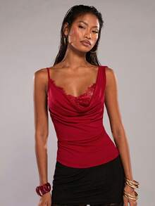 SHEIN BAE 樱桃红性感蕾丝拼接吊带背心/细肩带吊带衫/休闲上衣/音乐节上衣/派对上衣/外出上衣/约会上衣/夏季上衣 - 紅色 - 查看 5