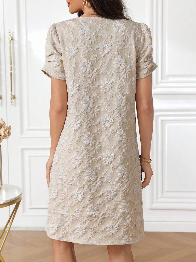 Beige Floral Embossed V Neck Puff Sleeve Shift Dress Elegant Casual Outfit Beige Dre,Summer Outfits For Womenss Floral Dress Flower Print Casual Dresses For Women Elegant Dresses For Women,Summer Dress,Vacation Dresses,Summer Holiday Outfits,Graduation Outfit For Mother