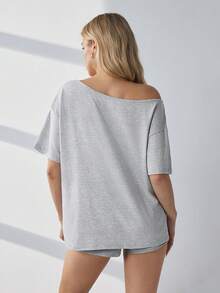 HautHeat Women's Letter Print Loose Fit Short Sleeve Loungewear Top - Light Grey - View 2
