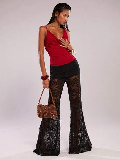 SHEIN BAE Summer Music Festival Party Beach Party Black Solid Color Sexy Lace Flare Pants For Women, Suitable For Summer, Rave, Festival For Women, Western Wear Women, Boho,Women's Wide Leg Pants,Flare Pants,Elegant Pants For Women,Lace Women's Women's Pants,Summer Outfit For Women, Party Outfit