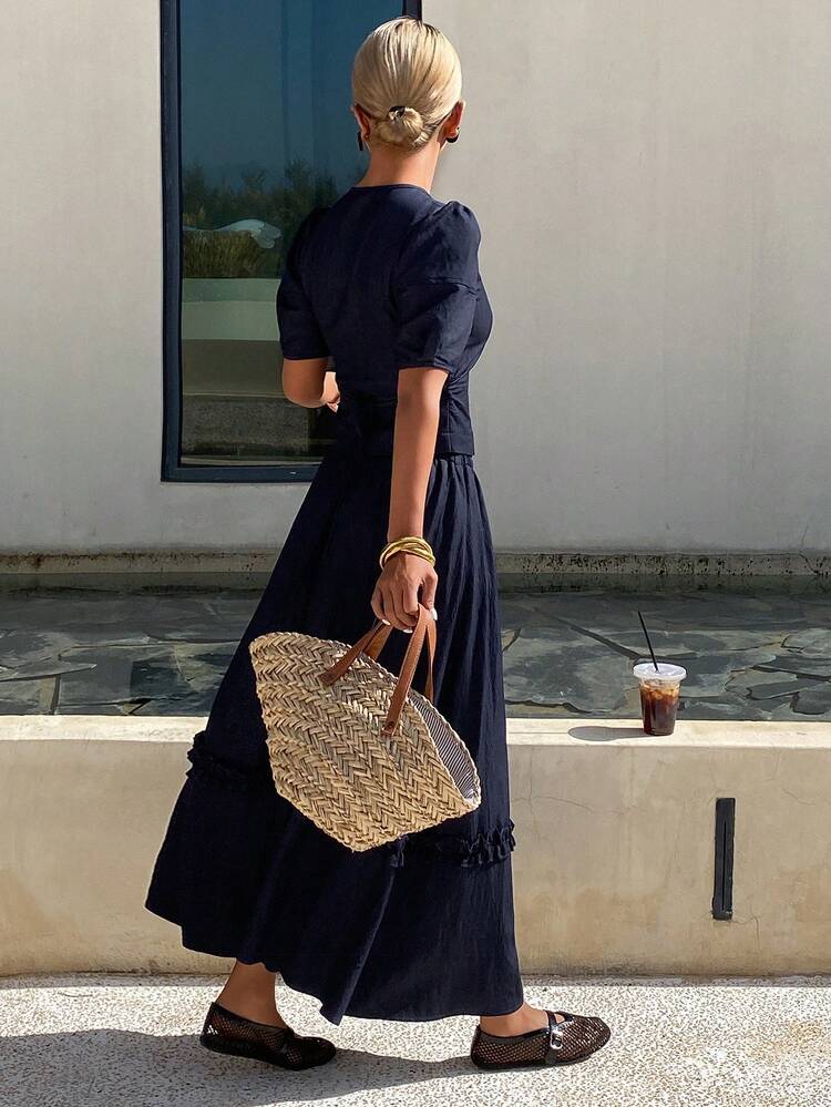 Women's Casual Solid Color Round Neck Petal Sleeve Shirt & A-Line Frill Trim Skirt 2-Piece Set, Spring/Summer Lounge Sets For Women