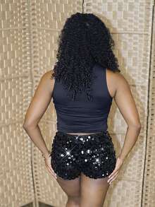 Steph T Women's Low Rise Club Party Glitter Sequin Shorts, Suitable For Music Festivals And Clubbing - Black - View 2