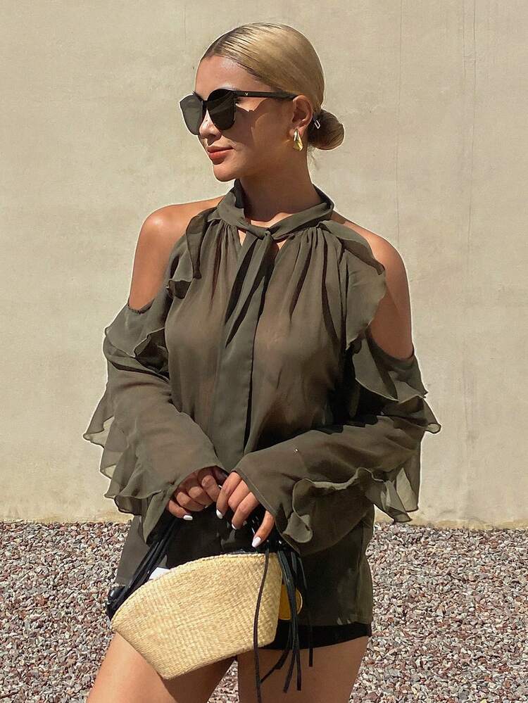 Women's Sexy Vacation Style Solid Color Twist Collar Cutout Shoulder Floral Lace Sheer Blouse, Spring/Summer