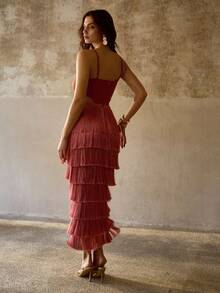 MOTF PREMIUM ELEGANT STRAPLESS HOLLOW OUT TASSEL DECOR WAIST FLOWY VACATION COVER UP DRESS - Redwood - View 3
