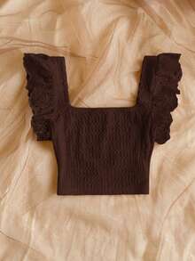 Soleia Elegant Knitted Ruched Floral Trim Cropped Top For Women, Suitable For Vacation,Summer Top - Coffee Brown - View 2
