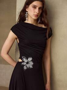 MOTF PREMIUM SPRING/SUMMER NEW HOLLOW EMBROIDERED FLORAL RUCHED ASYMMETRIC SHOULDER KNIT MIDI DRESS FOR WOMEN - Black - View 8