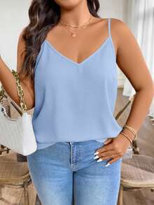 SHEIN Holidaya Plus Size Women's Sky Blue,Summer,Elegant,Night Out Club Solid Minimalist Camisole Backless Zipper Top,Casual Vacation Zip Up Bodysuit Tops For Jeans - Baby Blue - View 5