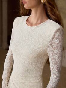 MOTF PREMIUM WOMEN'S ELASTIC FLORAL LACE PATCHWORK A-LINE LONG DRESS, SPRING/SUMMER - Beige - View 2