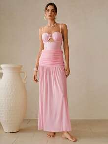 Swim Oasis 2pcs Solid Color Swimsuit Set, Shell Design Push Up Semi-Sheer Cover-Up Monokini Swimsuit, Summer - Pink - View 6