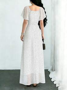 Modelyn 波点印花时尚方领短袖设计女士简约长连衣裙，夏季收腰优雅长裙，适合夏季度假和日常穿着 - 彩色 - 查看 2