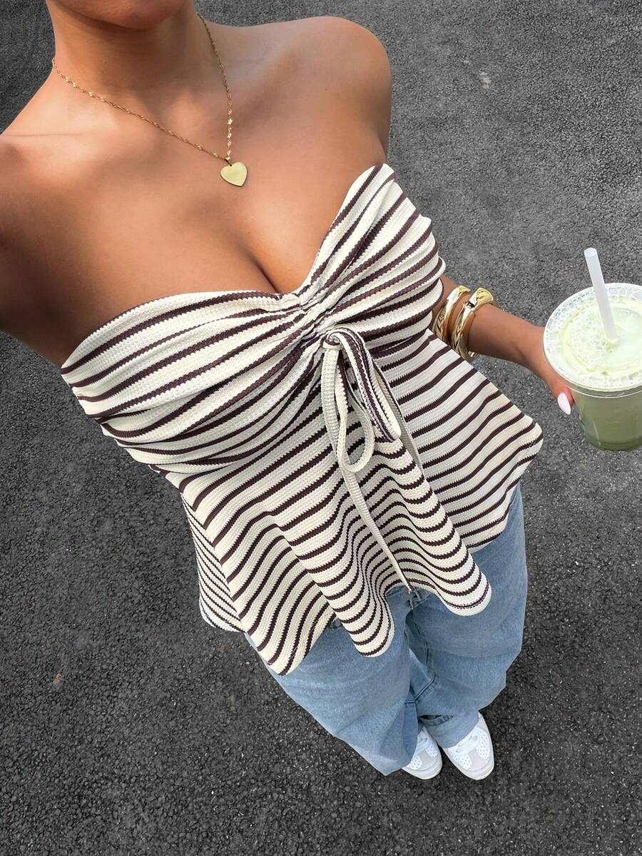 Muchica Summer Top Casual, Simple, And Sweet American-Style Brown Striped Top Is Perfect For Summer, Vacations, Back To School, College, Parties, Beaches, And Casual Wear.Elegant Women's Brown Top - Multicolor - View 1