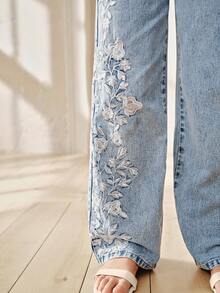 Anewsta 女童春夏时尚休闲优雅花卉刺绣蓝色直筒牛仔裤 - 藍色 - 查看 3