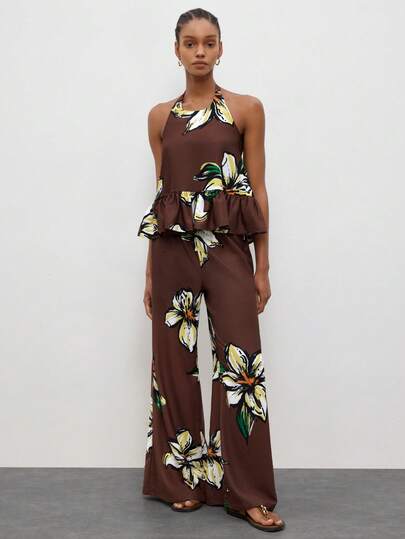 Maija Conjunto de 2 piezas con estampado floral marrón para vacaciones, top halter sin espalda y pantalones anchos y sueltos, cómodo para mujeres