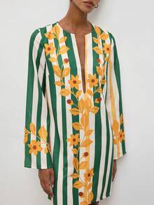 MAIJA Bohemian Holiday Striped Floral Print V-Neck Long Sleeve Mini Dress - Multicolor - View 6