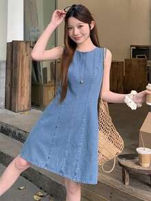 DAZY Women's Fashionable Casual Sleeveless Denim Dress - Blue - View 3