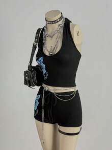 SHEIN DivaQ Women's Fashion Vacation Style Knit Printed 2 Pieces Set - Black - View 8