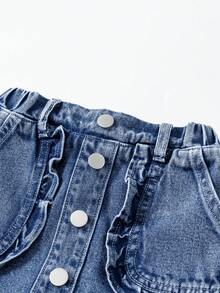 年轻女孩新款休闲时尚可爱荷叶边口袋设计水洗牛仔短裤 - 藍色 - 查看 5