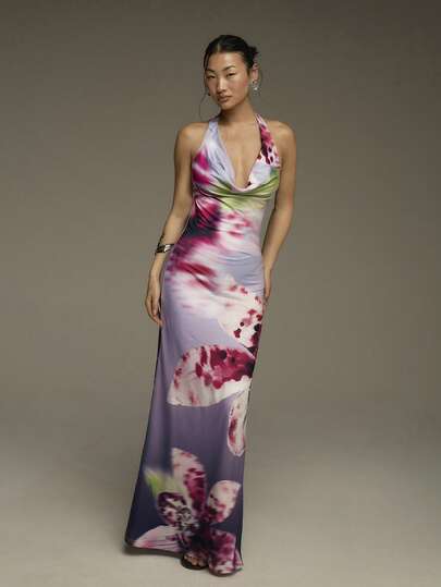 COSMINA Women's Elegant Floral Print Halter Backless Maxi Dress, Suitable For Spring, Vacation, Date, Valentine's Day, Romantic Wedding, Wedding Guest