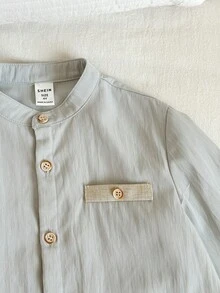 SHEIN 男童休闲绿色长袖衬衫短裤套装（2件套），春夏款 - 彩色 - 查看 3