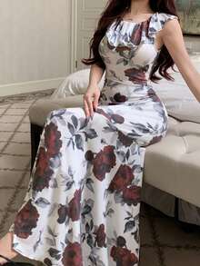 DAZY Áo ngủ nữ cổ tròn, viền bèo nhún, ôm sát, thanh lịch, không tay, in họa tiết toàn thân. - Xám - Xem 5